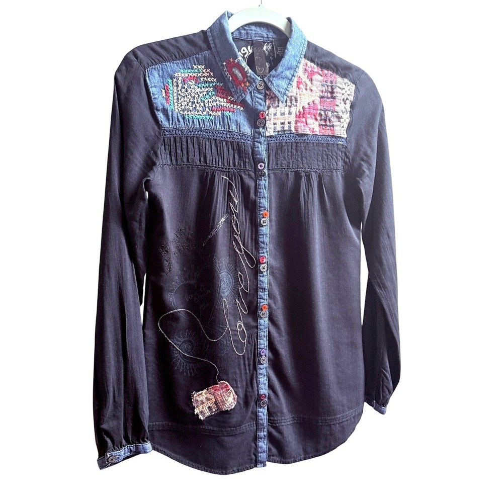 Desigual Black Embroidered Patchwork Boho Button … - image 2